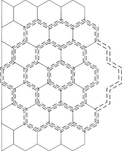 This quilting works well with grandmother's flower garden layout, but also with scrappy style. Flower Garden Layout, Hexie Patterns, Flower Garden Layouts, Hexie Quilts Patterns, Grandmothers Flower Garden Quilt, Hexagon Quilt Pattern, Hexagon Patchwork, Grandmothers Flower Garden, Flower Garden Quilt