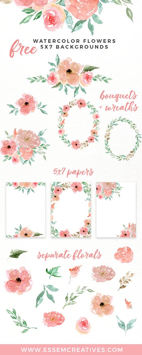 Free Watercolor Flowers Clipart, Floral Wreaths, 5x7 Borders Backgrounds | Use these free digital resources for your next DIY art & crafts project | Use to make birthday party invitations, wedding invites, printable wall art & home decor, logo for your blog or etsy shop, a banner for your website & more. Click to get it>> Greenery Clipart, Free Watercolor Flowers, Pink Watercolor Flower, Invitations Diy, Watercolor Wall, Trendy Flowers, Flower Logo, Digital Scrapbook Paper, Watercolor Flower