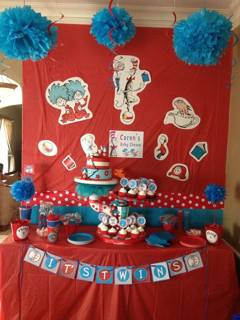 Thing 1 thing 2 baby shower cake and cupcakes by "Shenna's   sweets" Thing 1 Thing 2 Gender Reveal, Diy Thing 1 Thing 2 Decorations, Thing 1 Thing 2 Baby Shower Ideas, Dr Seuss Baby Shower Decorations, Dr Suess Baby, Twins Party, Thing 1 And Thing 2, Dr Seuss Birthday Party, Baby Shower Sweets