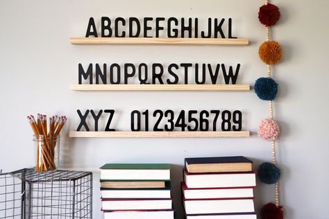 This floating letter board ledge measures 24" long or 30" long and comes as a set of 3. (all 3 will be the same length. We cannot mix and match 24" and 30" sets) Change up the saying as often as you like with our full set of 3" tall letters. Or order just the alphabet A-Z and numbers 0-9. This ledge is shown in natural finish with black letters. The letters are made of 1/8" acrylic. They are just the right size to allow little hands to move them around! The wood ledges come with keyhole slots fo Relief Society Crafts, Alphabet Sign, Tall Letters, Homework Room, Alphabet Signs, Custom Word Art, Boys Bedroom Makeover, Homework Station, Nursery Name