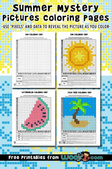 Summer Mystery Pictures Pixel Grid Coloring Pages | Woo! Jr. Kids Activities School Age Coloring Pages, Coding Worksheets Free Printable, Grid Coloring Pages Free Printable, Pixel Coloring Pages Free Printable, Pixel Art Printable, Art Activities For 2nd Graders, Mystery Activities For Kids, Pixel Art For Kids, Grid Coloring Pages