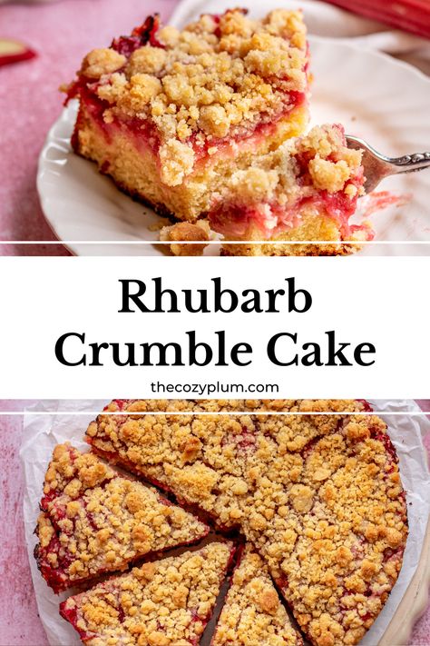 Rhubarb cake is the perfect combination of sweet and tart and soft and slightly crunchy cake. This quick rhubarb crumb cake has a moist batter with sour cream that gets topped with stewed, tangy rhubarb, and a layer of sweet and salty streusel topping. It is a great expression of contrasts that will keep you coming back for more, and is the perfect spring cake.  Rhubarb is a gorgeous pink and red and its flavor is equally as bright to be used in your spring baking. Rhubarb Streusel Cake, Quick Rhubarb Cake, Rhubarb Crumb Cake, Layered Rhubarb Dessert, Rhubarb Sour Cream Cake, Crunchy Cake, Rhubarb Crumble Cake, Crumble Recipes, Rhubarb Cake Recipes