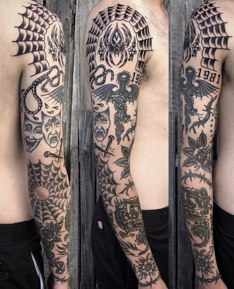 Neo Traditional Arm Sleeve, Traditional Tattoo Shoulder Cap, Traditional Tattoo Half Sleeve, Traditional Shoulder Cap Tattoo, Traditional Tattoo Art Sleeve, Tattoo Styles Oldschool, Shoulder Tattoo Traditional, American Traditional Shoulder Tattoo, American Traditional Sleeve Black