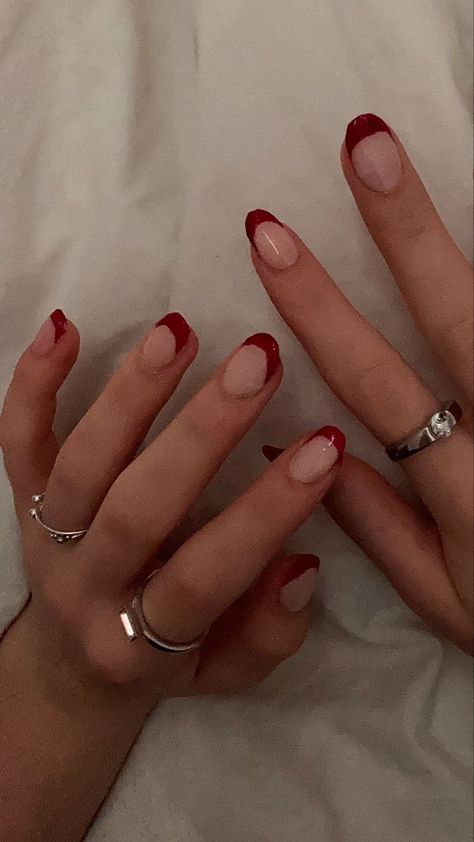 nail nail nail Red French Tip Nails Natural, Maroon French Tip Nails Short, Dark Red Nails French Tip, Cute Nails For Teenagers, Red Nail Extensions, Dark Red French Tip, Dark Red French Tip Nails, Red Tip Nails, Lcn Nails