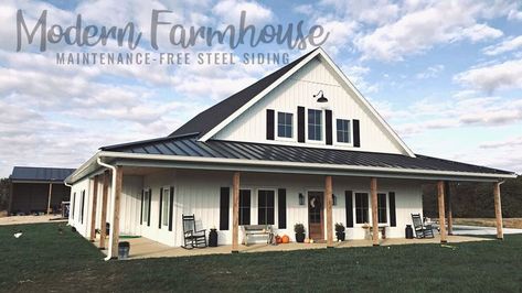 Give your home a classic farmhouse appearance, such as the original board and batten. Durable steel board and batten siding gives your house a timeless farmhouse style and charm.--- #modernfarmhouse #farmhouseexterior #farmhousedesign #farmhousestyle #farmhousecharm #metalhouse #barndominium #barndominiumdiy #barndominiumexterior #exteriorsiding #sidingdiy #barnhome #farmhome #farmhousediy #farmhousesiding #barnsiding #barnexterior #diy Board And Batten Farmhouse, Board Batten Siding, White Board And Batten, Board Batten, Barn House Design, Barn Style House Plans, Board And Batten Siding, Classic Farmhouse, Barndominium Floor Plans