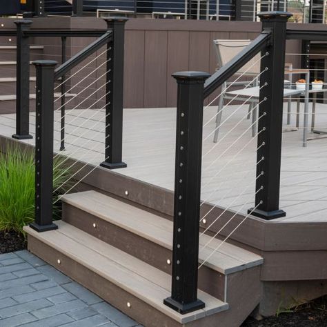 Outside Stair Railing, Porch Step Railing, Iron Railings Outdoor, Exterior Stair Railing, Wood Railings For Stairs, Cable Railing Deck, Outside Stairs, Front Porch Railings, Stair Kits