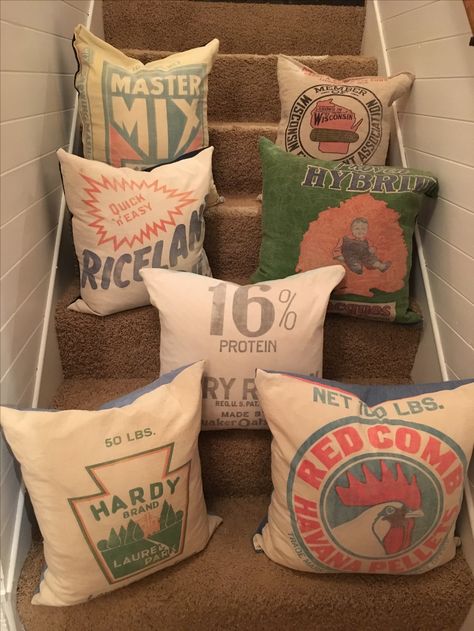 Pillows that I've made from vintage feed/seed sacks. Denim or canvas reverse and feather pillow insert - Priscilla Burlap Feed Bags Repurposed, Seed Bags Vintage Grain Sack, Vintage Feed Sacks, Feed Sacks Ideas, Feed Sack Quilts, Denim Pillows, Feed Sack Bags, Burlap Coffee Bags, Flour Sacks