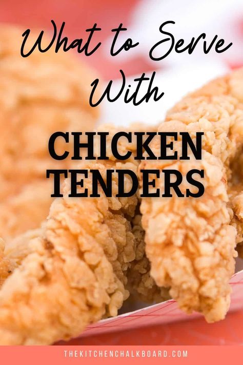 30+ Recipes to serve with chicken tenders. Low carb, healthy, and easy options from The Kitchen Chalkboard. These recipes make chicken tenders into dinner. What To Eat With Chicken Tenders, Recipes With Breaded Chicken Tenders, Sides To Go With Chicken Tenders, Chicken Tenders Sides Dishes, Chicken Tender Bar Party, Chicken Strip Dinner Ideas Meals, What To Serve With Chicken Tenders, Dinner With Chicken Tenders, Sides With Chicken Tenders