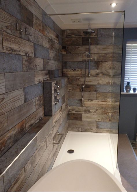 wood tile bathroom | Reclaimed Wood: Rachel's Bathroom Transformation - Walls ... Wood Tile Shower, Wood Tile Bathroom, Wood Wall Tiles, Cabin Bathroom, Bathroom Transformation, Bad Inspiration, Wood Effect Tiles, Bathroom Tile Designs, Wooden Bathroom