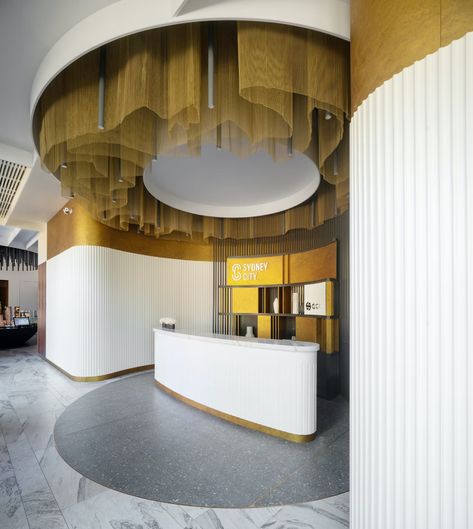 White Reception Desk, Ceiling Details, Mad Architects, Public Space Design, Office Building Architecture, Sydney City, Ceiling Design Modern, Drop Lights, Sales Office