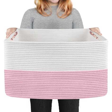 PRICES MAY VARY. 👍 [LARGE RECTANGULAR PINK BASKET]: This big basket measures 22.8 inches in length, 14.9 inches in width, and 11.8 inches in height. Perfect for storing extra large blankets, ideal for organizing pillows and throws. Whether in the living room, bedroom, or guest room, this organizer basket provides ample space for cushions, sheets and lines. 👍 [PREMIUM COTTON ROPE BASKET]: This pink rope basket is crafted from gentle and skin-friendly organic cotton rope, our baby basket is free Basket Living Room, White Storage Baskets, Woven Laundry Basket, Cotton Rope Basket, Large Laundry Basket, Pillow Storage, Dog Toy Basket, Storage Bins Organization, Laundry Basket Organization