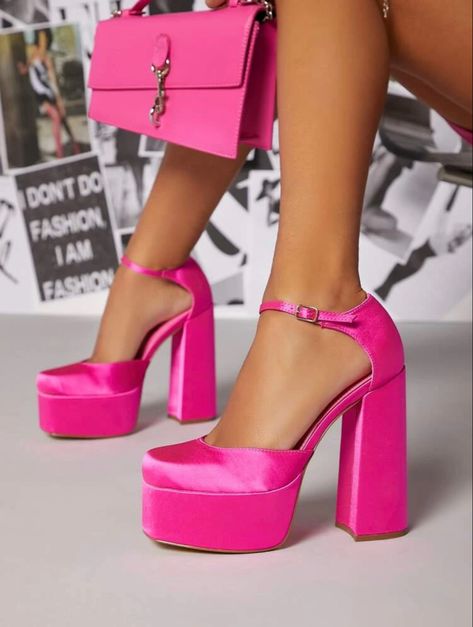 Hot Pink Heels Prom, Hot Pink Chunky Heels, Hot Pink Heel, Chunky Pink Heels, Barbie Shoes For Women, Hot Pink Platform Heels, Chunky Heels Outfit, Barbie Heels, Pink Chunky Heels