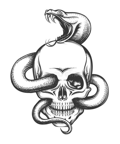 Illustration about Human skull with crawling snake. Illustration in engraving style. Illustration of clothing, emblem, roll - 73476715 Snake Skull, Tattoo Snake, Snake Illustration, Snake Drawing, Snake Tattoo Design, Skull Art Drawing, Skulls Drawing, Snake Art, Engraving Illustration