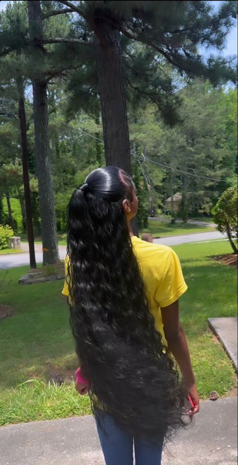 Ban Tu Knots Hairstyles, Low Half Up Half Down Hair Black Women, Cute Weave Hairstyles, Weave Ponytail Hairstyles, Sleek Ponytail Hairstyles, Weave Ponytail, Birthday Hairstyles, Black Ponytail Hairstyles, Quick Weave Hairstyles