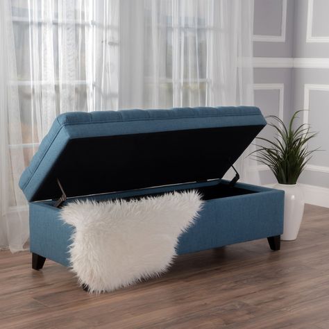 Juliana Storage Ottoman: Fabric-covered, birch legs, blue, 50"D x 20.5"W x 18.3"H. Stores items while providing extra seating. Assembly and spot cleaning required. Large Storage Bench, Ottoman With Storage, Tufted Bench, End Of Bed Bench, Tufted Ottoman, Upholstered Storage Bench, Bed Bench, Bedroom Bench, Storage Ottoman Bench