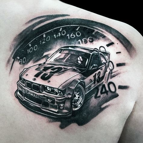 Ever since the invention of the motor vehicle, men have been obsessed with cars. Not only do they ease the effort of transportation, they also feature creative design and performance elements that resonate with men… Auto Tattoo, Tattoo Car, Racing Tattoos, Mechanic Tattoo, Tattoos Men, Back Of Shoulder Tattoo, Theme Tattoo, Car Tattoos, Shoulder Tattoos