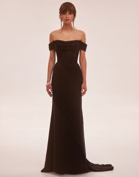 Milla Nova | This elegant mermaid evening gown crafted in sequin featuring a semi-sheer corset bodice with draped bust and long sleeves. Night Dress Long Elegant, Black Long Sleeve Evening Gown, Milla Dresses, Black Corset Dress, Milla Nova, Black Evening Gown, Mermaid Evening Gown, Prom Dress Inspiration, فستان سهرة