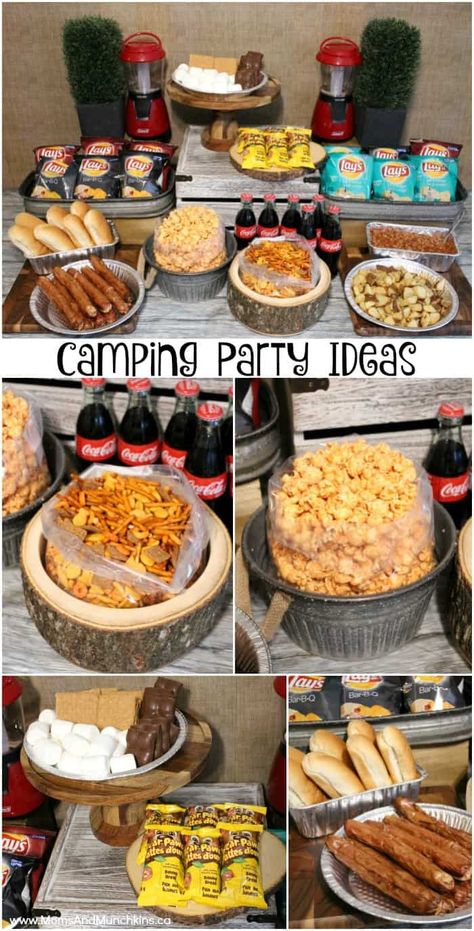 Campout Birthday Party, Camping Party Foods, Camping Party Ideas, Indoor Camping Party, Campout Party, Backyard Kids Party, Backyard Campout, Camping Theme Birthday Party, Camping Food List