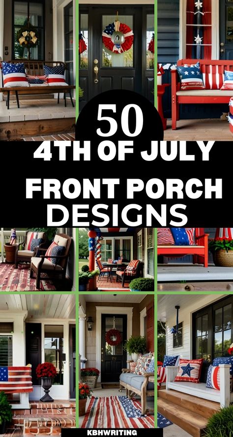 50 Cute 4th Of July Front Porch Ideas 4th Of July House Exterior, Fourth Of July Front Porch Decor, Fourth Of July Front Porch, 4th Of July Front Porch, 4th Of July Front Porch Decor, Cottage Front Porch, Front Porch Inspiration, Old Wooden Crates, Patriotic Bunting