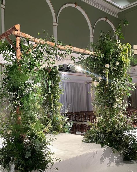 Wild romance 🌿 We combined a fresh green haze of beautiful seasonal greenery, meadow style flowers and decadently draping hanging amaranthus to create this beautiful chuppah design. Birch chuppah @the_happy_chuppah_people Venue One Marylebone @oneeventslondon #chuppahflowers #chuppahinspiration #chuppah #luxurywedding #weddingflowers #weddingflowerslondon #weddingflorist Wedding Huppa Decor, Forest Aesthetic Wedding, Chuppah Design, Huppah Wedding, Chuppah Wedding, Birch Chuppah, Chuppah Ideas, Chuppah Flowers, Hanging Amaranthus