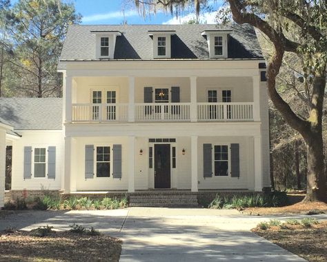 Savannah Homes Exterior, Second Floor Balcony Front Of House, Double Porch House, 2 Story Porch, Two Story Porch, Balcony House, Stacked Porches, Front Porch Makeover, House With Balcony