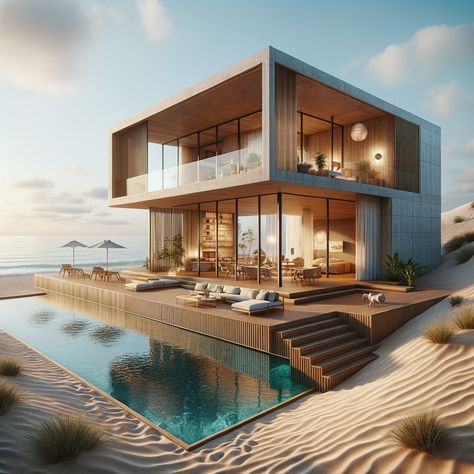 Modern Beach House Exterior, Seaview House, Mid Century Beach House, Beach House Modern, House Near The Sea, Beach Houses Architecture, Red Hoco, Sunrise Home, Small Beach Houses