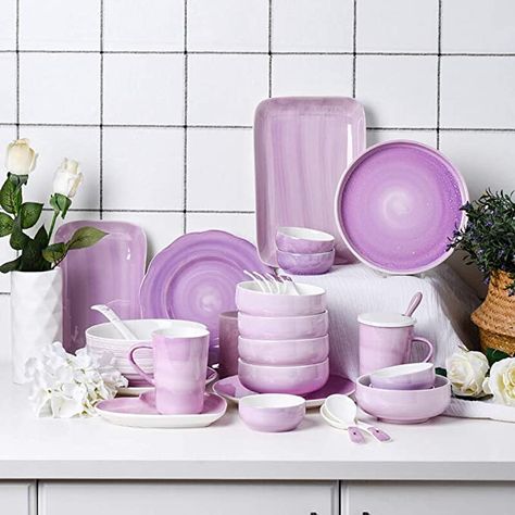 Purple Table Settings Dinnerware Sets, Purple Dishes Dinnerware Sets, Purple Dishes, Purple Dinnerware, Purple Utinsel, Purple Appliances, Kitchen Plates Set Purple, Purple Dining, Purple Pots And Pans