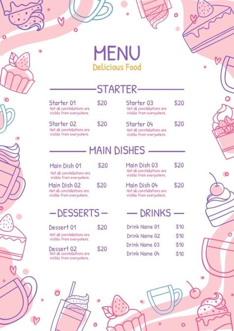 Kawaii Menu Template, Cute Menus Design, Sweet Menu Design, Menu Bakery Design, Cupcake Menu Design, Cookie Menu Design, Cute Menu Ideas, Bakery Menu Design Templates, Dessert Menu Design Ideas