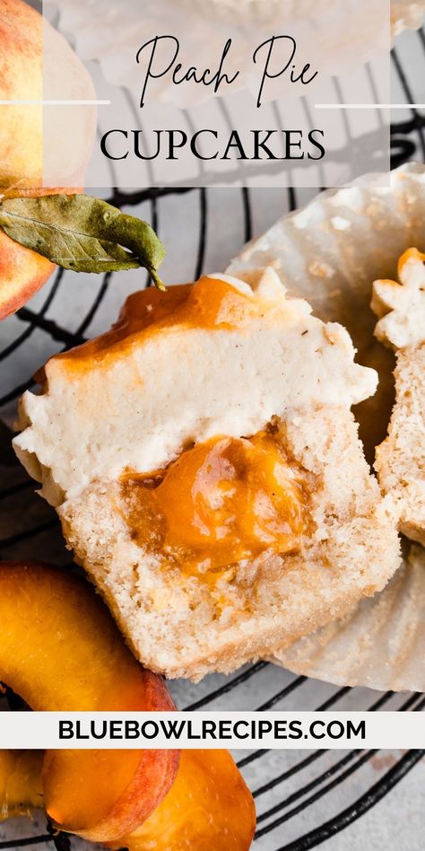 Peach Cupcakes are a dreamy summer dessert! They are made with fluffy brown sugar cupcakes, filled with homemade peach pie filling, and topped with a silky cinnamon cream cheese frosting. You'll impress everyone you share these cupcakes with! #peachcupcakes #peachdesserts #peachrecipes #peaches #cupcakes #cupcakerecipes #peachpie #summerdesserts #thanksgivingdesserts #thanksgivingrecipes #fourthofjulydessert #bluebowlrecipes | bluebowlrecipes.com Peach Filled Cupcakes, Peach Cupcakes With Box Cake, Honey Peach Cream Cheese Cupcakes, Peaches Cupcakes, Homemade Peach Pie Filling, Brown Sugar Cupcakes, Homemade Peach Pie, Peach Cobbler Cupcakes, Fruity Cupcakes