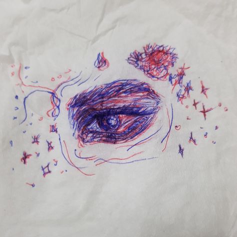 Eye - red/blue pen on kleenex Red Blue And Black Pen Sketch, Blue And Red Pen Drawing, Red And Blue Drawing, Black Pen Sketches, Bored Art, Blue Drawings, Blue Pen, Pen Drawings, Pen Sketch