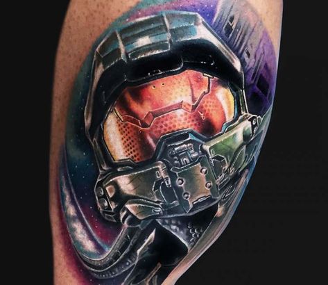 Master Chief tattoo by Marc Durrant Master Chief Tattoo, Chief Tattoo, Halo Tattoo, Video Game Tattoos, Gamer Tattoos, Video Game Tattoo, Halo Master Chief, Halo Game, Gaming Tattoo