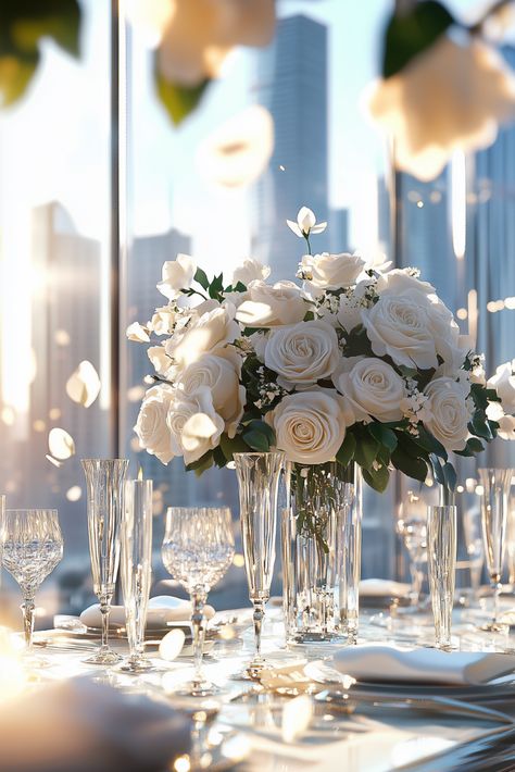 Modern Luxe: White Roses and City Light Centerpieces Wedding Elegant, Modern Flower Arrangements Centerpieces, Round Table Centerpieces Wedding Elegant, Round Table Centerpieces Wedding, Modern Table Centerpieces, Round Table Centerpieces, Elegant Table Centerpieces, Table Centerpieces Wedding, Tall Flower Vase