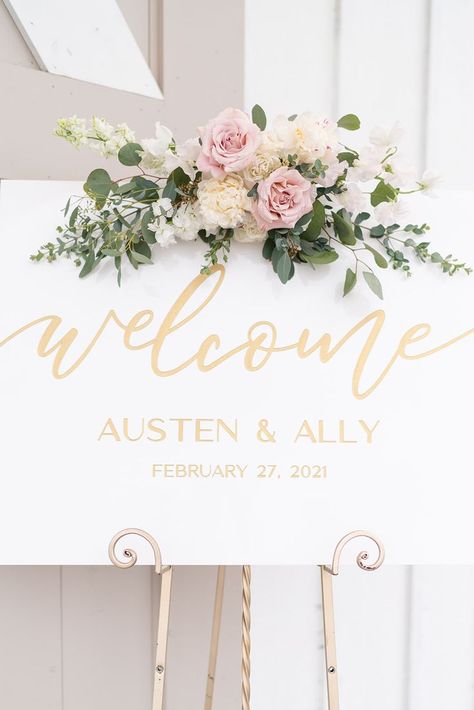 Blush Pink Farmhouse Wedding, Welcome Sign Wedding Pink, Blush Pink And Sage Green Wedding Arch, Welcome Table Floral Arrangement, Blush Tones Wedding, Green White Blush Wedding, Sage Pink And White Wedding, Pink Wedding Ceremony Decor, Pink And White Theme Wedding