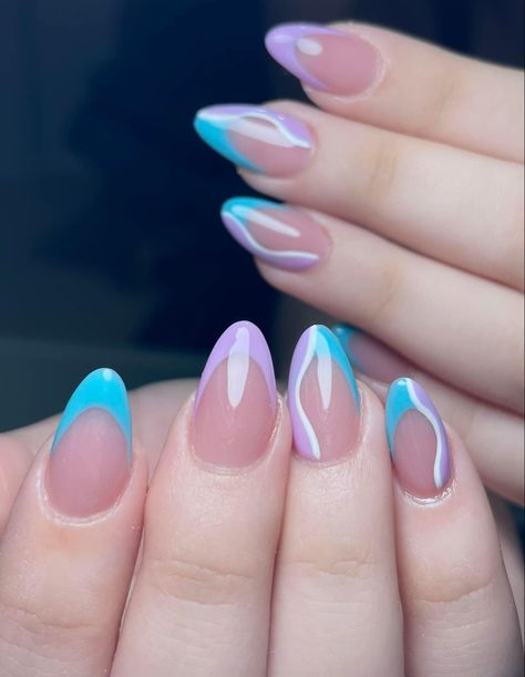 Pink Blue And Purple French Tip Nails, Cute Blue And Purple Nails, Blue Purple White Nails, Almond Purple Nails Designs, Pastel Purple And Blue Nails, Acrylic Nails Purple And Blue, Alomd Nails Cute Summer, Light Purple And Blue Nails, Baby Blue And Purple Nails