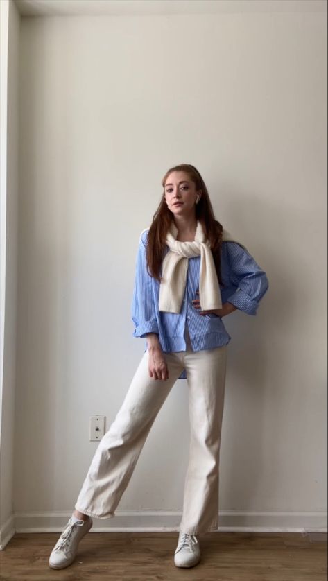 Easy outfit idea for spring & fall weather. This includes: cream colored jeans, blue & white striped blouse, cream colored cashmere sweater, & white sneakers. Casual & effortless chic. Appropriate for scho/college. Cream And Blue Outfits, Cream Color Outfits, Cream Jeans Outfit, Cashmere Sweater White, Cream Colored Jeans, University Fits, Cream Outfit, Cream Outfits, Color Outfits