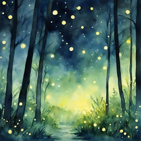 Step into a world of enchantment under the starlit canopy of our forest at night. ✨🌲 Let the flickering glow of fireflies guide you through the darkness, illuminating the path to wonder and magic. Experience the beauty of the night forest in our captivating scenery collection. https://prismplay.etsy.com #wallart #natureinspired #printables #watercolor Magical Forest Watercolor, Dark Night Painting, Watercolor Fireflies, Night Watercolor Paintings, Firefly Watercolor, Enchanted Forest Painting, Firefly Painting, Night Watercolor, Forest At Night