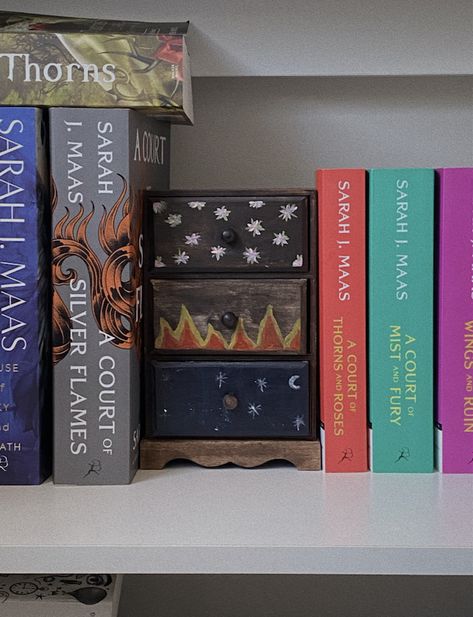 Acotar Shelf, Velaris Book Nook, Diy Bookish Decor, Bookish Diy Ideas, Sjm Bookshelf, Acotar Bookshelf Decor, Diy Bookish Crafts, Fantasy Bookshelf Decor, Acotar Book Nook