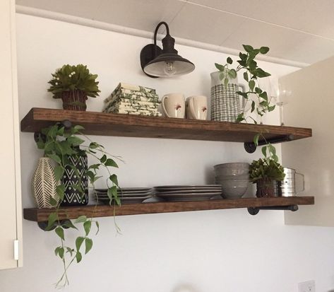 Long Wall Shelves, Kitchen Floating Shelves, Long Floating Shelves, Floating Shelves Living Room, Shore House, Farmhouse Shelves, Rustic Floating Shelves, Study Nook, Plant Display