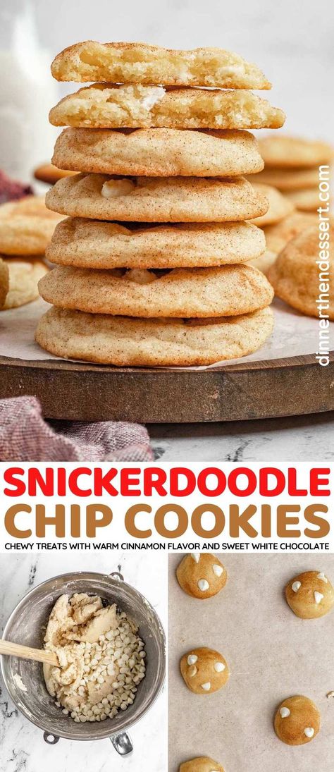 White Chocolate Chip Snickerdoodles, White Chocolate Snickerdoodle Cookies, Desserts With White Chocolate Chips, White Chip Cookies, Cinnamon Sugar Cookies Recipe, Cookie Recipes Chewy, Cinnamon Sugar Cookies, Yummy Pasta, White Chocolate Chip