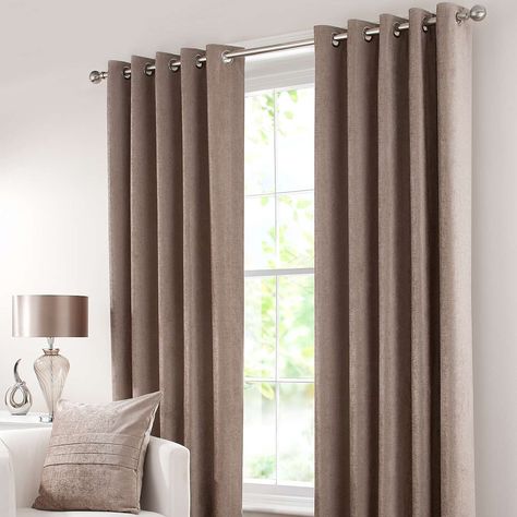 Chenille Taupe Lined Eyelet Curtains | Dunelm Bedroom Curtains With Blinds, Taupe Curtains, Chenille Curtains, Brown Curtains, Curtain Styles, Living Room Curtains, Plain Curtains, Eyelet Curtains, Rustic Curtains