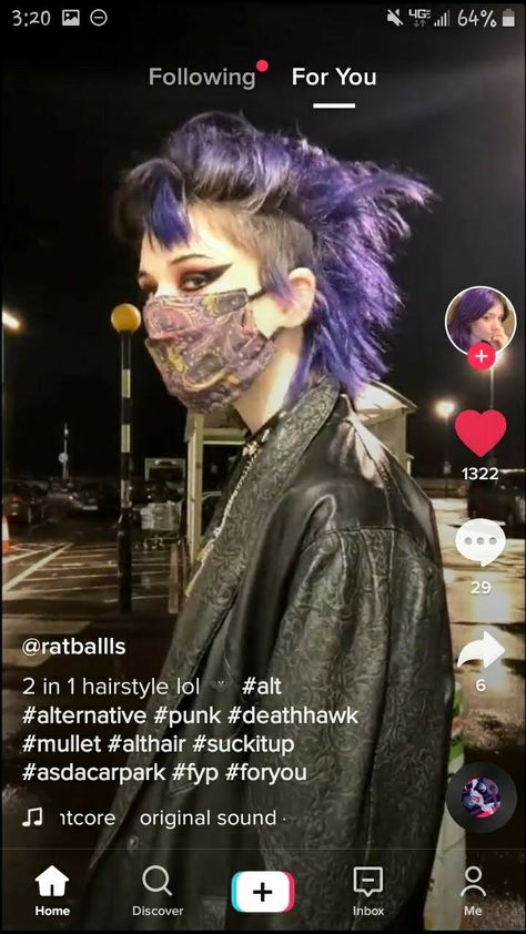 Deathhawk Down, Split Dye Mohawk, Deathhawk With Bangs, Grunge Mullet Shaved Sides, Unstyled Deathhawk, Transmasc Haircut Round Face, Purple Alt Outfit, Deathhawk Hairstyles, Goth Mohawk