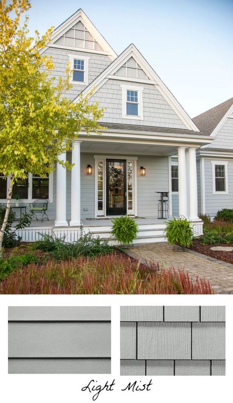 Love the idea of using one exterior color but two different types of siding for my home's exterior like this Light Mist HardiePlank and HardieShingle Siding! Grey Exterior House Colors, Gray House Exterior, Types Of Siding, Driven By Decor, Gray House, Exterior Inspiration, Exterior House Color, Siding Colors, Grey Exterior