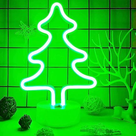 VIFULIN Christmas Neon Sign Light Neon Green Christmas Tree Lights, Battery/USB Powered Christmas Neon Lights Tree Shaped Lights, Christmas Led Sign Neon Light with Base, Led Christmas Room #neon #Christmaslight #christmastree #Christmasdecorideas #merrychristmas Neon Christmas Tree, Christmas Neon Sign, Green Christmas Lights, Lawn Party Decorations, Neon Christmas, Christmas Tree Light, Christmas Tree On Table, Holiday Room, Led Christmas Tree