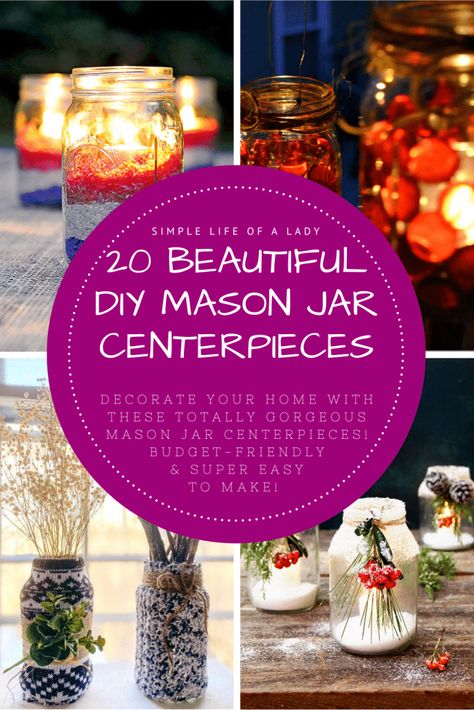 Looking for a new home decor inspiration? Try these totally gorgeous mason jar centerpieces! These are all super easy to make, and budget-friendly too! Big Jar Decorating Ideas, Decorating With Mason Jars, Diy Mason Jar Centerpieces, Jar Decorating Ideas, Easy Mason Jar Crafts Diy, Purple Mason Jars, Easy Mason Jar Crafts, Mason Jar Gifts Diy, Personalized Mason Jars