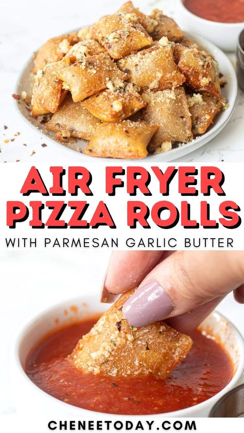 Air Fryer Pizza Rolls (Tiktok recipe) with a garlic butter parmesan topping! How to make frozen pizza rolls in air fryer, including air fryer pizza rolls time! Pizza Rolls With Garlic Butter, Pizza Rolls In Air Fryer, Rolls In Air Fryer, Air Fryer Pizza Rolls, Pizza Calzones, Air Fryer Pizza, Homemade Pizza Rolls, Italian Bread Recipes, Pizza Roll Recipe