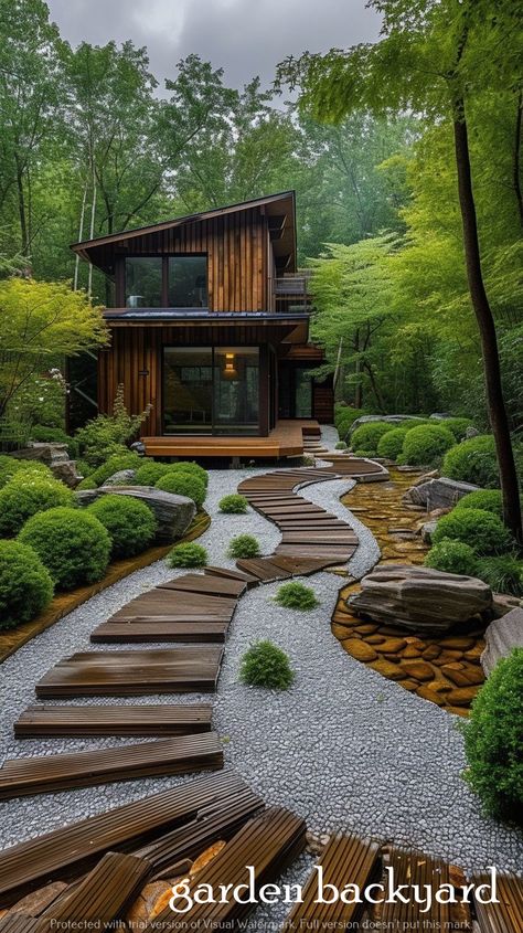 Garden Art: DIY Projects to Beautify Your Outdoor Space Hillside Japanese Garden, Zen House Exterior, Japanese Architecture House, Sidewalk Landscape, Japanese Garden House, Zen House Design, Zen Garden Backyard, Path Edging, Backyard Renovation