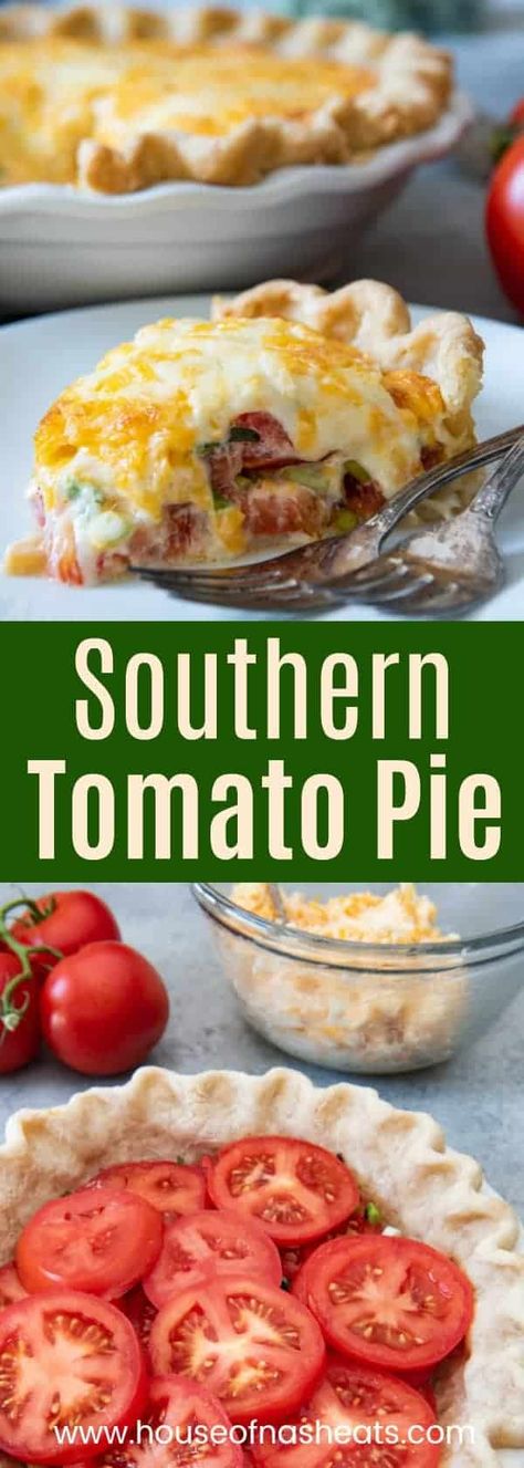 This savory Southern Tomato Pie is made with summer-ripe tomatoes, fresh basil leaves, and topped with a tasty cheese & mayo topping!  #tomatoes #garden #summer #pie #southern #easy #homemade #piecrust #fromscratch #cheesy #cheese #mayo #mayonnaise #recipe #dinner #lunch #sidedish Alabama Recipes, Southern Tomato Pie, Tomato Pie Recipe, Coconut Recipe, Lime Quinoa, Recipe Salad, Tomatoes Recipe, Tomato Pie, Southern Food