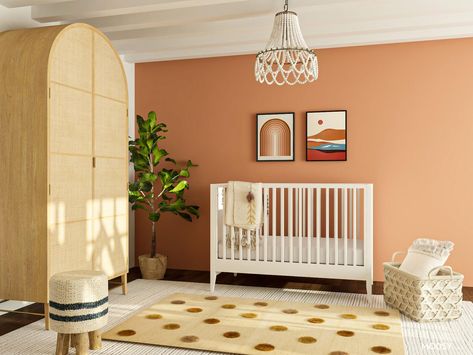 A Peachy Boho Nursery - Nursery Design Ideas & Photos Clay Colored Walls, Boho Nursery Ideas, Nursery Design Ideas, Natural Wood Dresser, Classic Chair Design, Modern Nursery Furniture, Nursery Color Scheme, Nursery Decor Ideas, Scandinavian Style Furniture