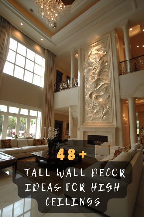 Discover 48 tall wall decor ideas perfect for high ceilings that transform your space into an artful haven. Featuring dramatic artwork, vertical gardens, and unique installations, these designs add visual interest and sophistication. Click to explore these towering inspirations and make your walls a stunning focal point! 🖼️🏠✨ #TallWallDecor #HighCeilings #VisualInterest #SophisticatedSpaces #ArtfulHaven #InteriorDesign #FocalPoints Decorative Ledge Ideas High, Tall Accent Wall High Ceilings, Tall Wall Decor Ideas, Decorate Tall Walls, Tall Wall Decor High Ceilings, Dramatic Artwork, Tall Artwork, Tall Wall Decor, Rooms With High Ceilings