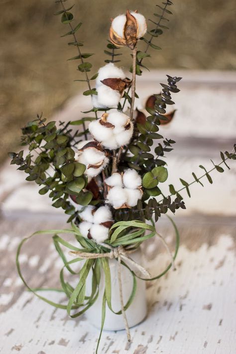 Rustic Kitchen Table, Cotton Bolls, Rustic Kitchen Tables, Eucalyptus Stems, Pint Mason Jars, Mason Jar Bathroom, Cotton Decor, Cotton Boll, Mason Jar Flowers